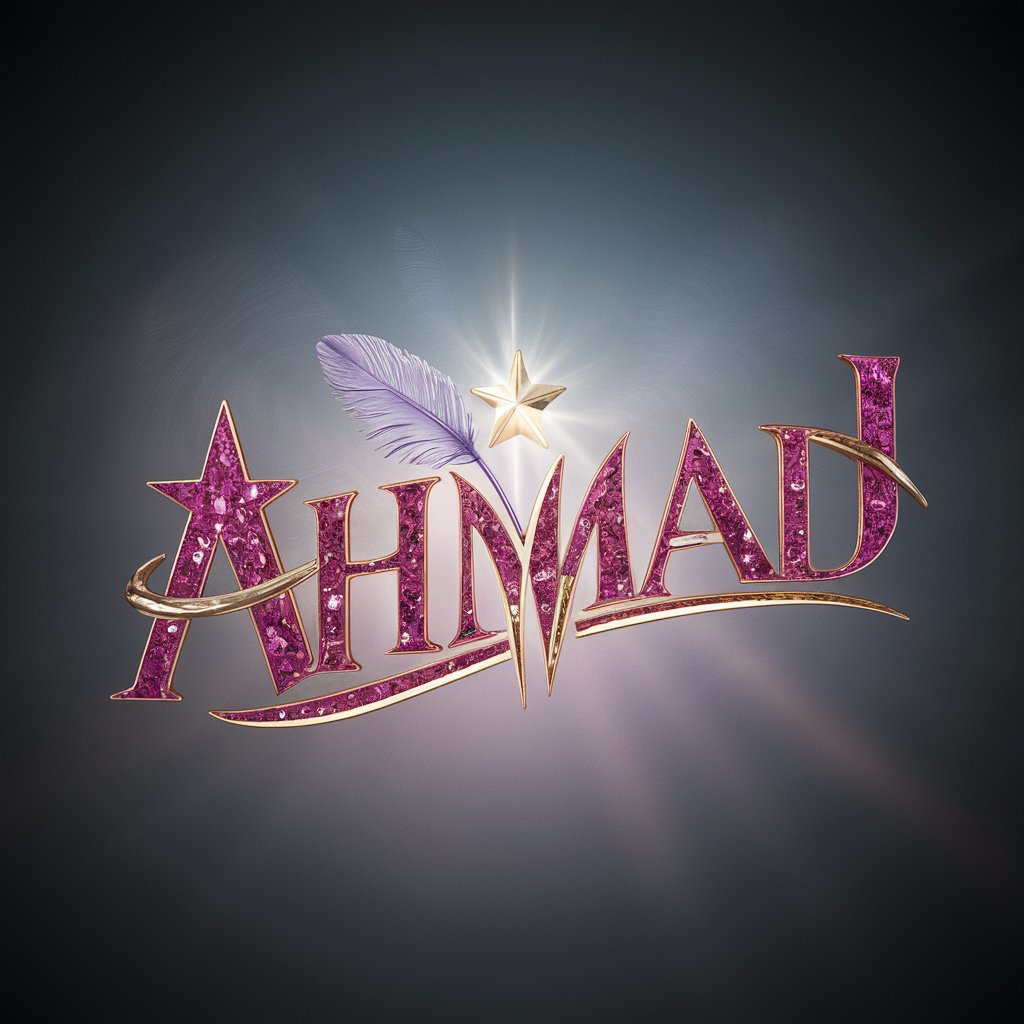 Luxurious logo for 'Ahmad,' showcasing amethyst and ruby hues, with a star and glass feather on a gradient backdrop."