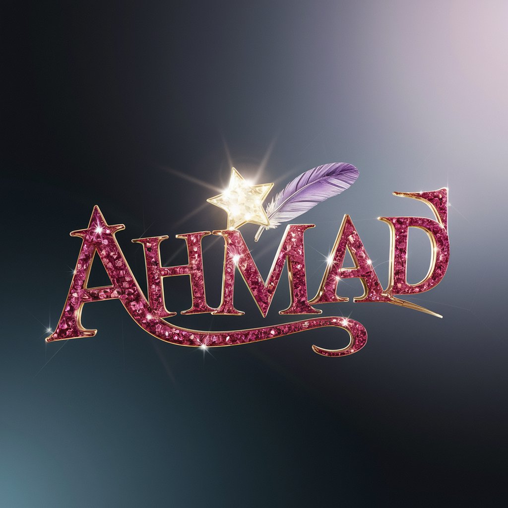 Celestial 'Ahmad' logo with glowing letters, a star, and feather, highlighted by a gradient blue-to-purple background."