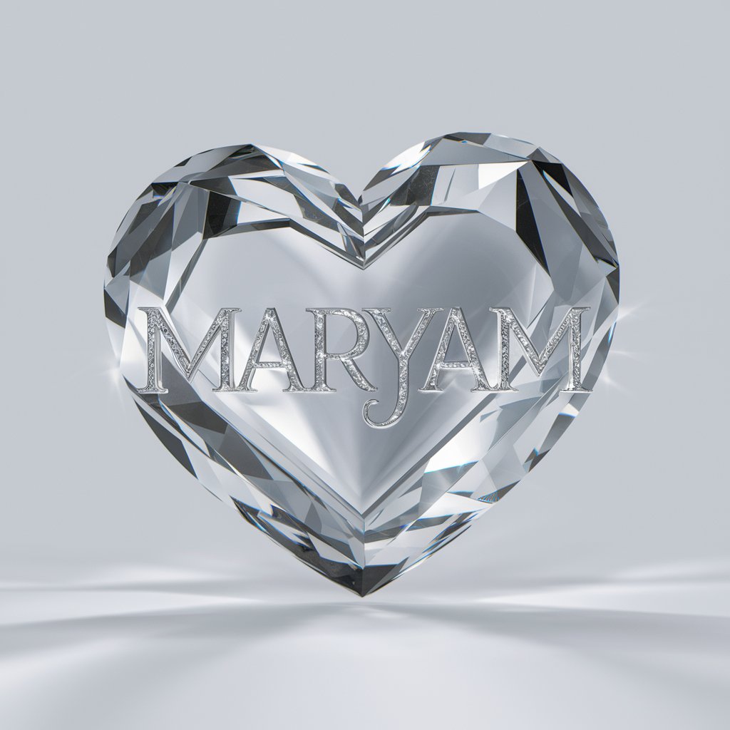 Maryam’s name inside a crystal heart glows with silver light, creating a stunning and refined look."