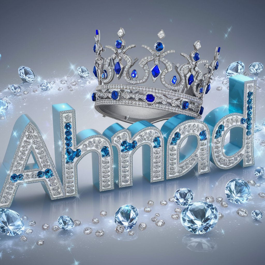 Elegant 3D render of 'Ahmad' in icy blue letters with diamond and sapphire accents, topped with a silver crown."