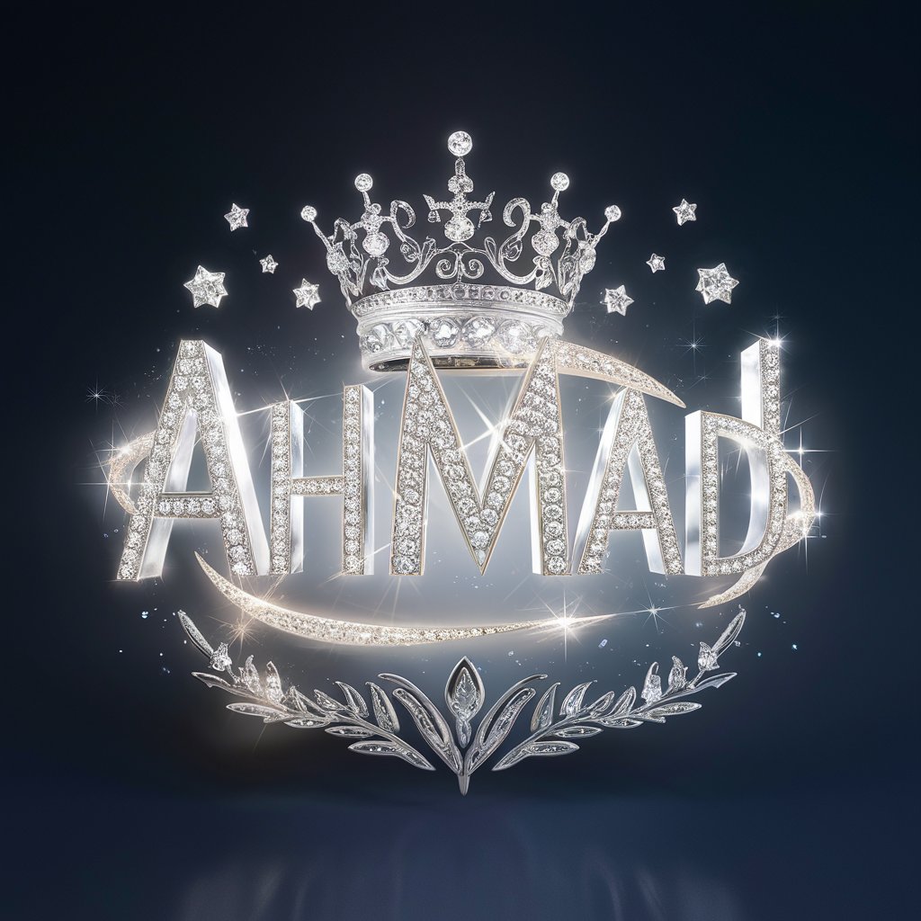 Enchanting 'Ahmad' design with glowing silver letters, moonstone crown, and floating stars in a luxurious 3D scene."