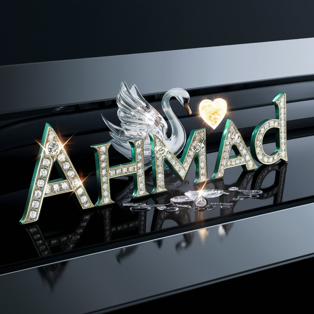 Captivating 3D logo for 'Ahmad,' with green and diamond details, complemented by a delicate glass swan."