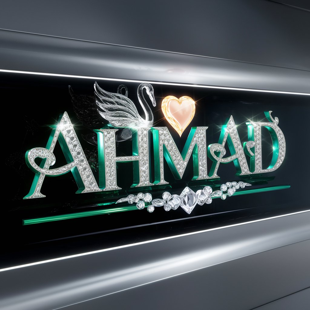 Luxurious logo for 'Ahmad,' with emerald letters and sparkling gems, set against a sleek black backdrop."