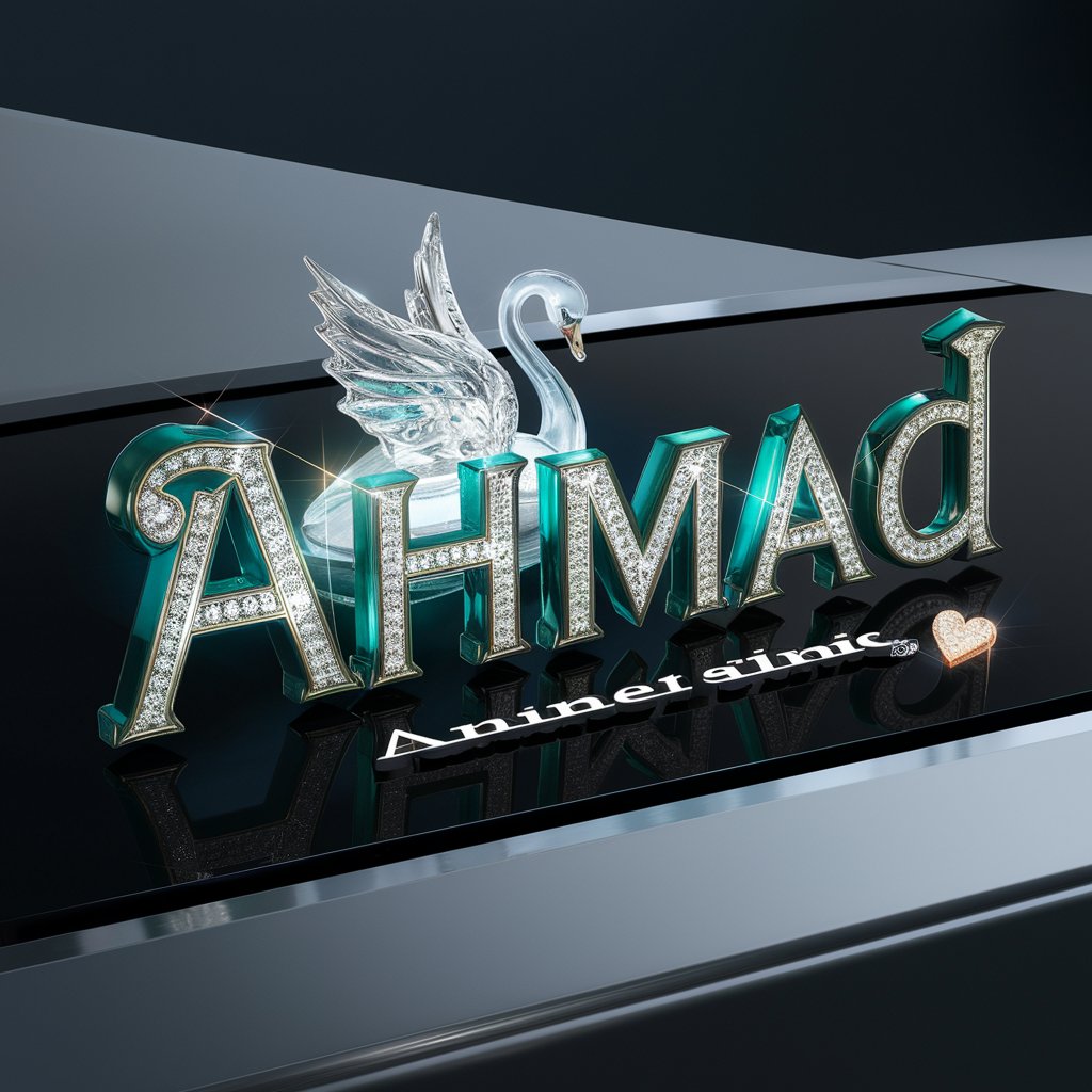 Elegant 'Ahmad' logo with emerald-green letters and diamond accents, featuring a glass swan on a black background."