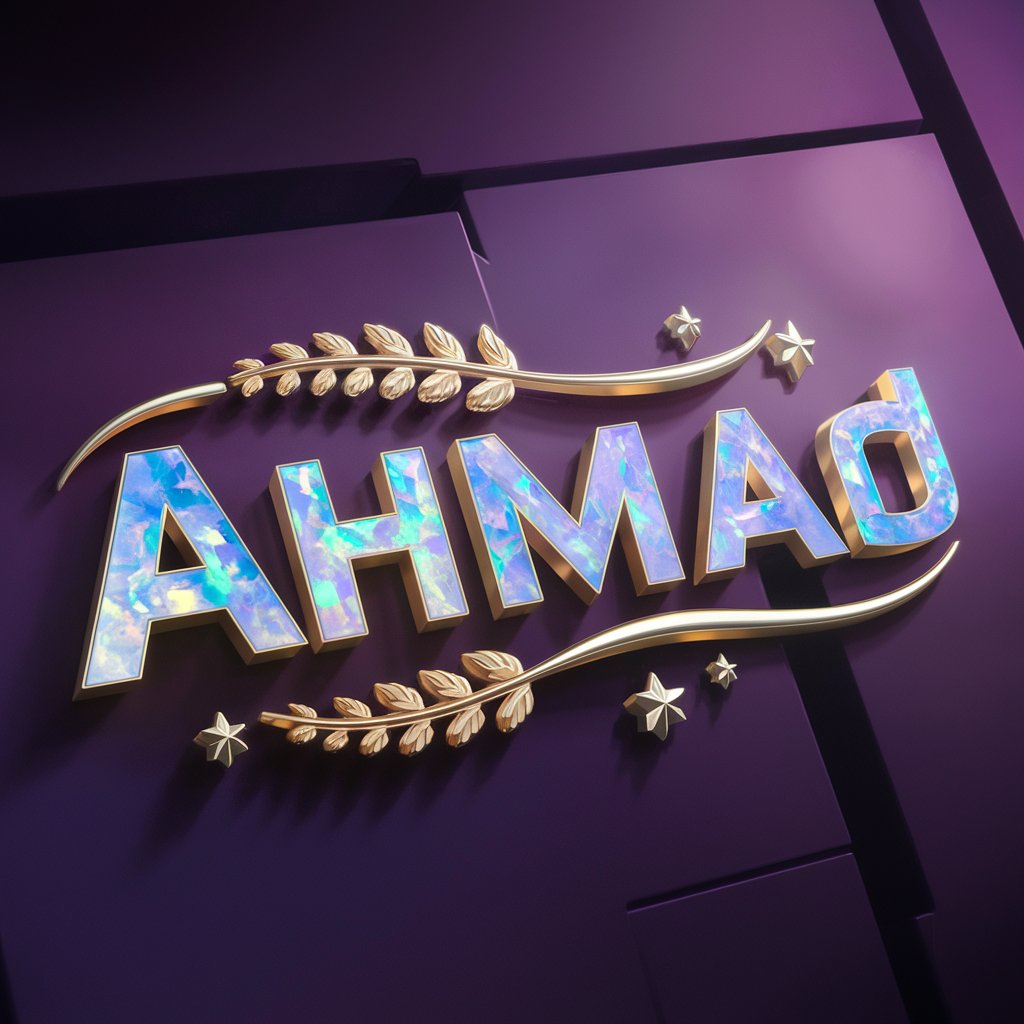 Refined 3D wallpaper of 'Ahmad,' with opal letters in deep blue and lavender, adorned with a gold laurel and silver stars."