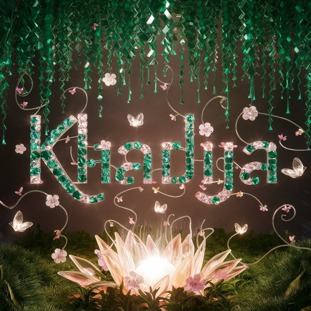 Enchanted Garden: 'Khadija' in emerald and pink crystals with a radiant heart, creating a floral-themed wallpaper."