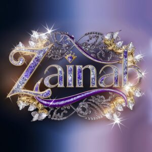 Zainab name design in deep royal blue and purple with gold floral details and diamond accents