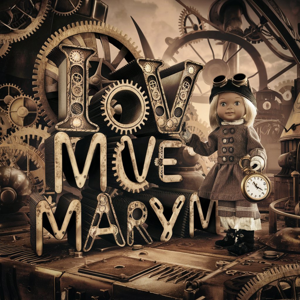 Steampunk 'I love Maryam' letters made of gears, a doll in steampunk attire adds industrial charm."