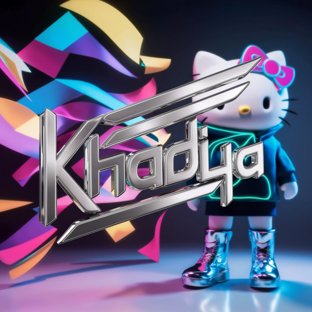 Sleek "Khadija" logo with metallic silver and neon accents, featuring trendy Hello Kitty on a dynamic abstract backdrop.