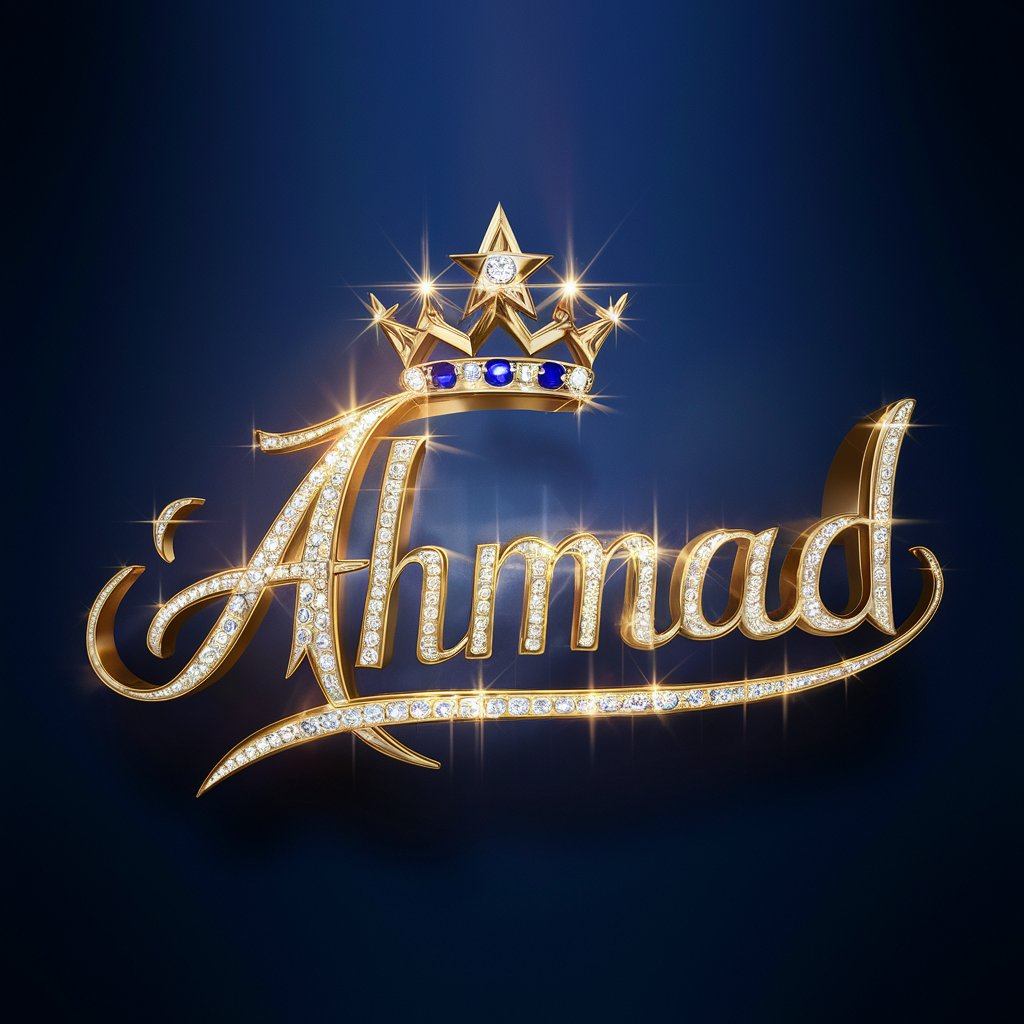 Stunning 3D logo for 'Ahmad,' showcasing gold and sapphire letters with a glowing crown on a midnight blue canvas."