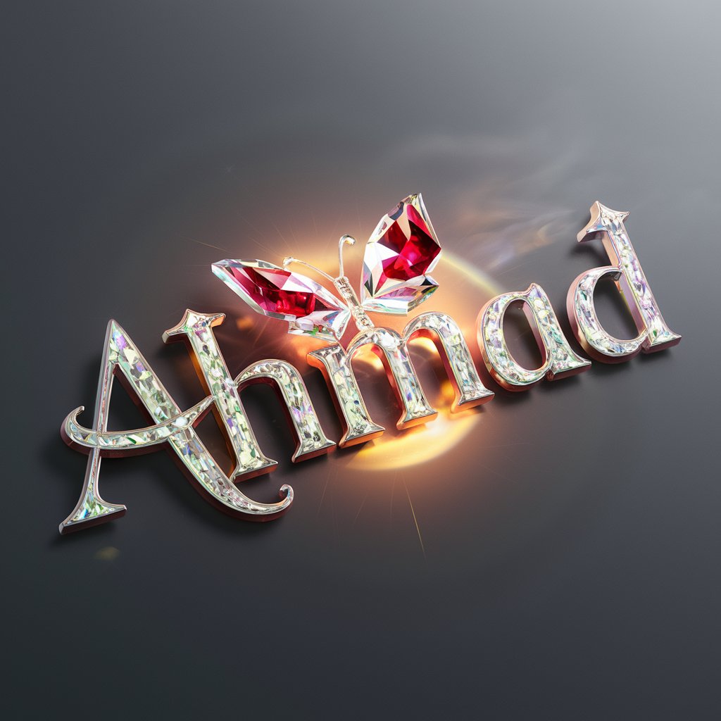 3D logo for 'Ahmad' featuring platinum and ruby letters with a crystal butterfly, set against a gray backdrop."