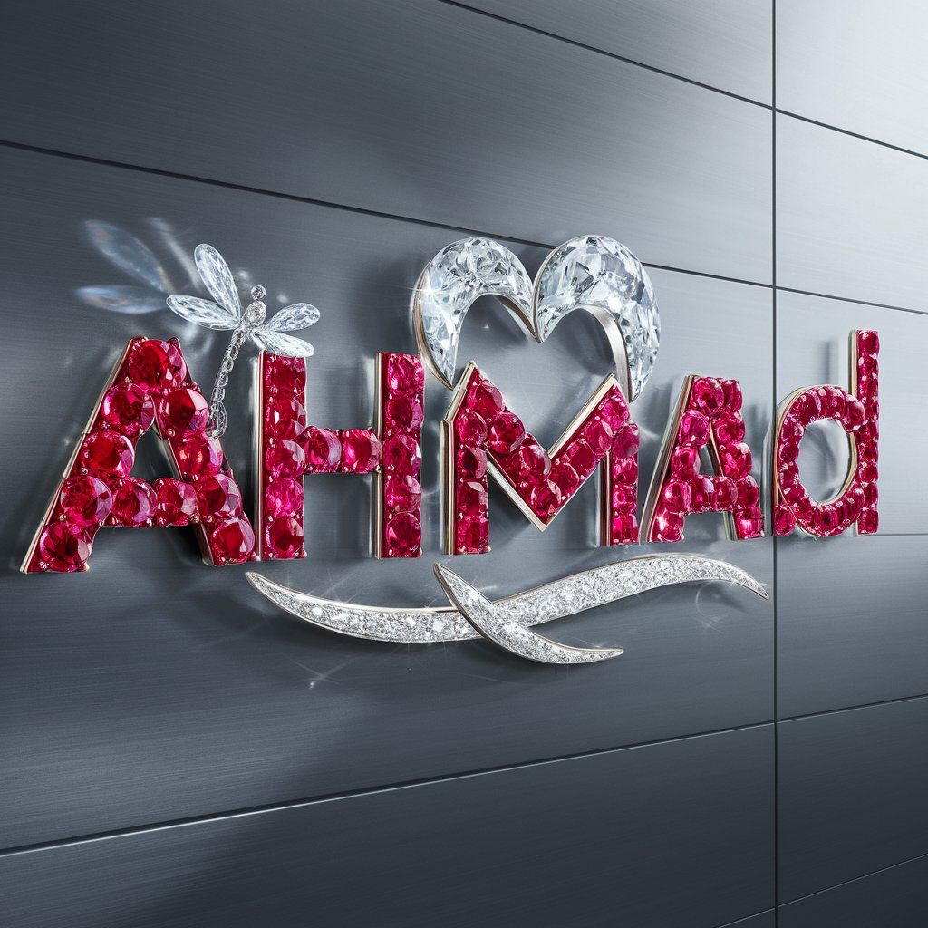 "Elegant 3D wallpaper of 'Ahmad,' with radiant ruby letters and delicate crystal accents on a metallic gray background."