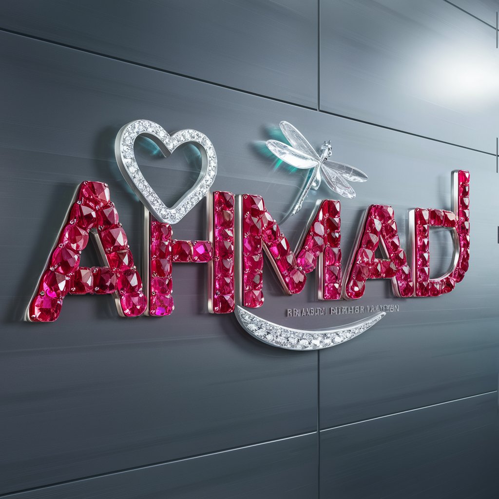 Beautiful 3D wallpaper showcasing 'Ahmad' in glowing rubies, a diamond heart, and a glass dragonfly on a sleek gray backdrop."