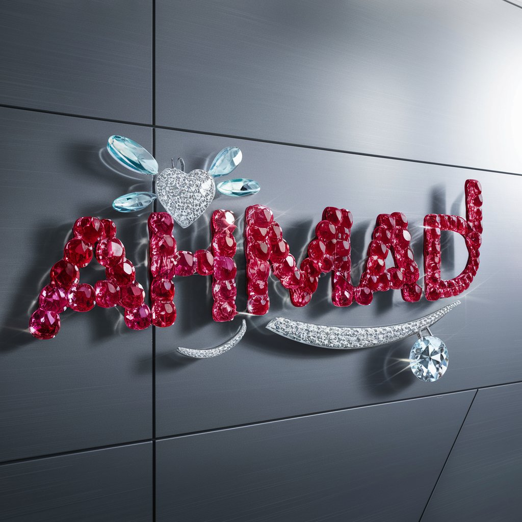 Glamorous 3D wallpaper with 'Ahmad' in glistening rubies, complemented by a diamond heart and glass dragonfly."