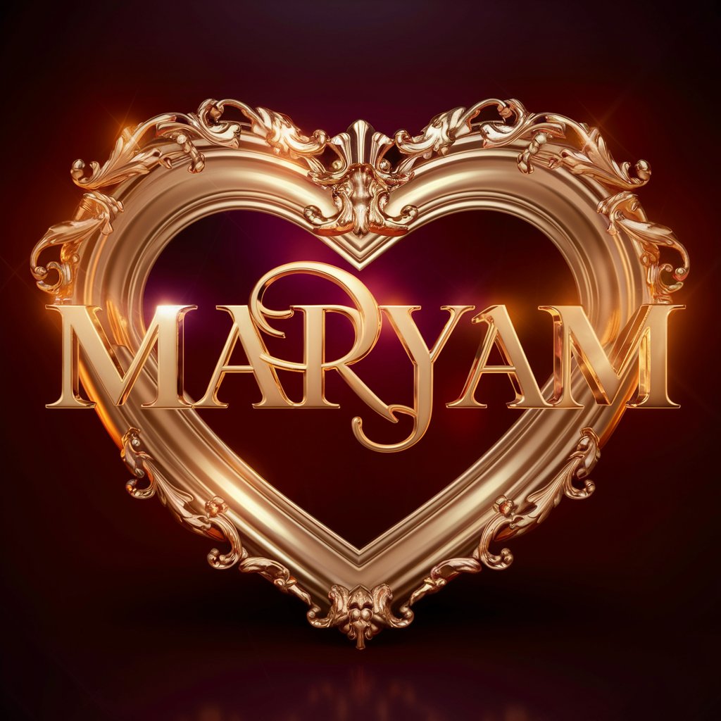 Maryam’s name is elegantly displayed within a heart-shaped frame of baroque detailing and gold accents."