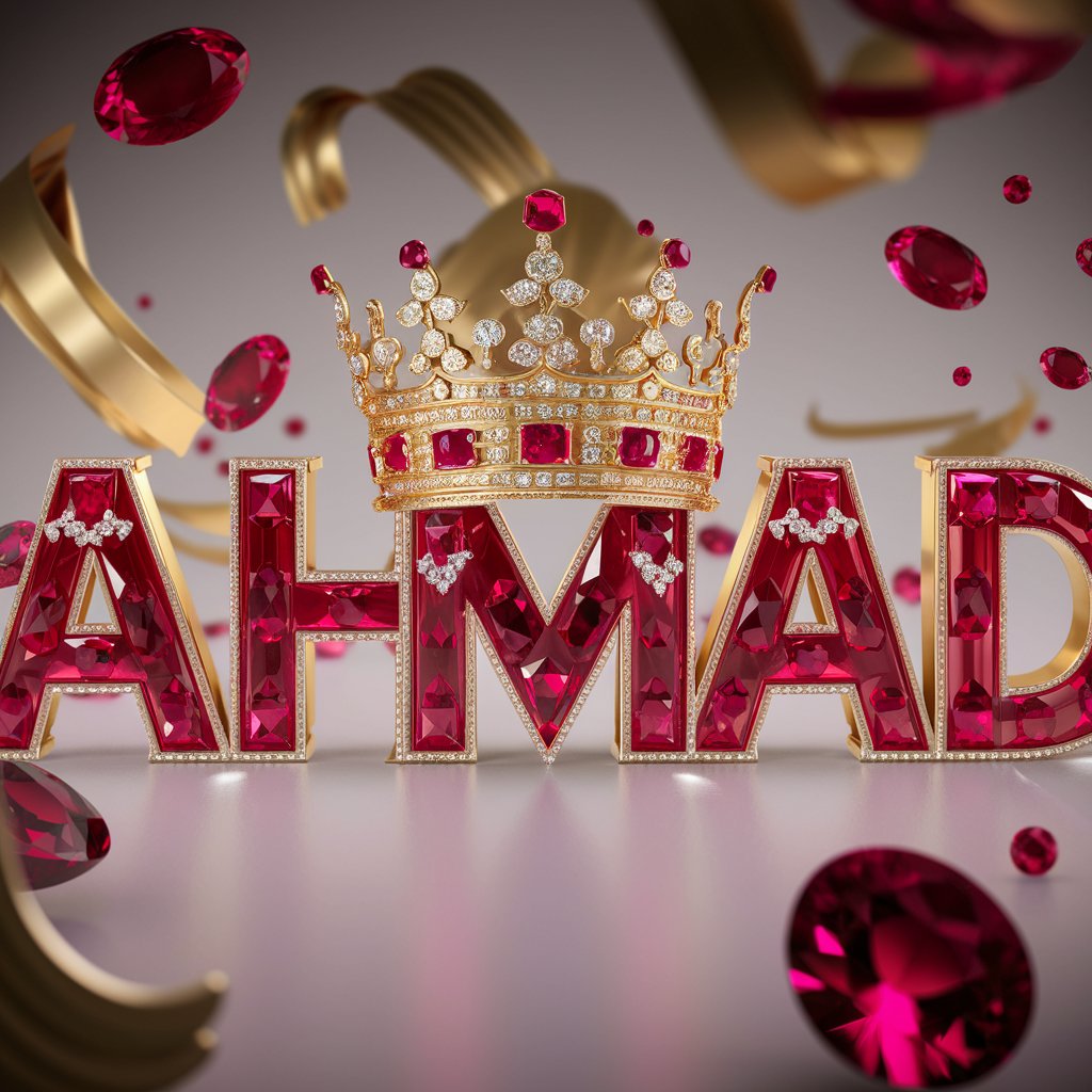 Radiant 3D render of 'Ahmad' in ruby-red letters with diamond accents and a resplendent golden crown."