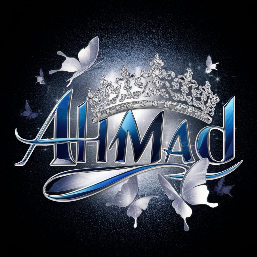 Sophisticated 3D wallpaper of 'Ahmad,' with sapphire letters and a silver tiara, highlighted by ethereal butterflies."