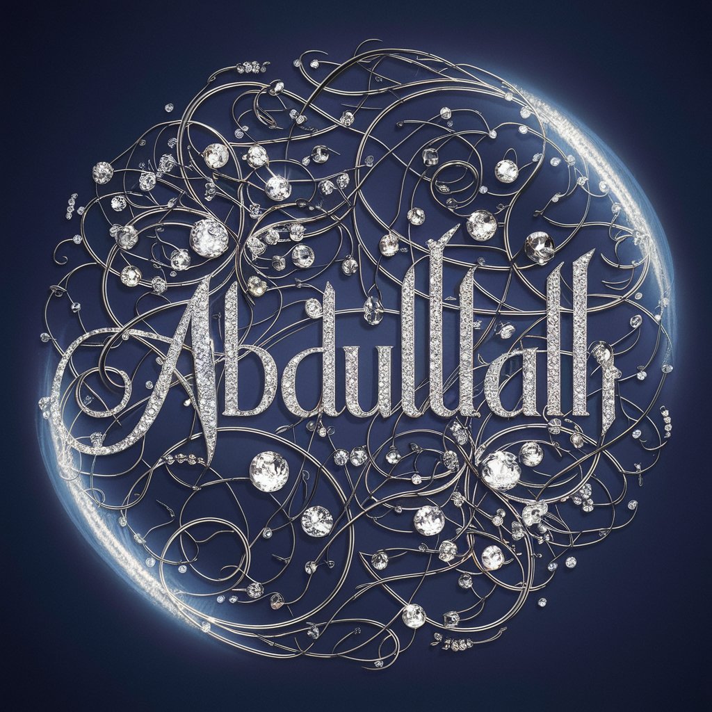 Opulent platinum lettering of 'Abdullah' surrounded by delicate patterns and jewels on a rich blue backdrop."