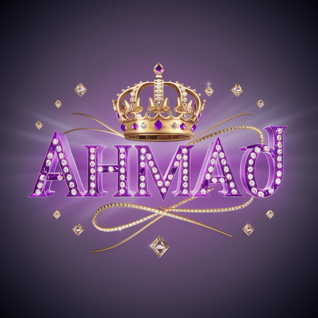 Luxurious 'Ahmad' design featuring glowing purple letters and an amethyst-encrusted crown in a 3D illustration."