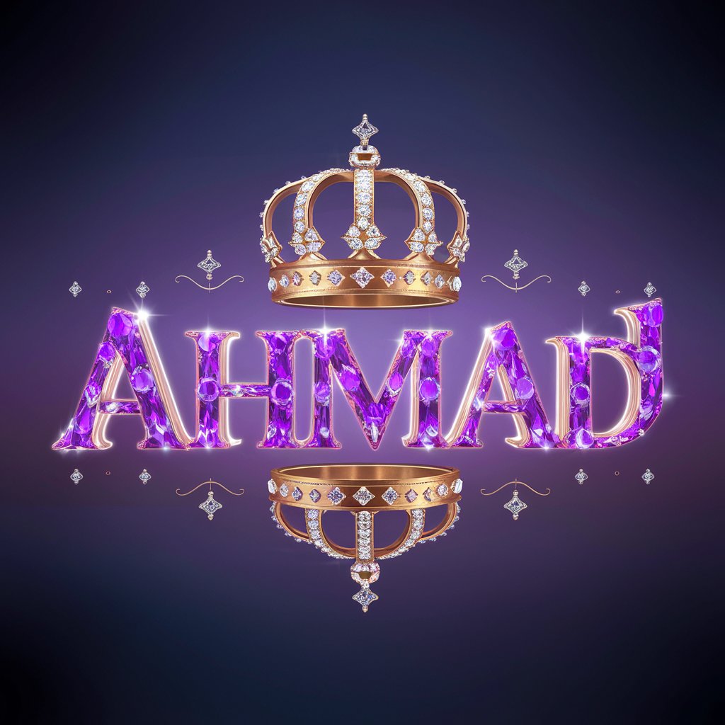 Sophisticated 3D render of 'Ahmad' in royal purple letters with amethyst gemstones and a golden crown.