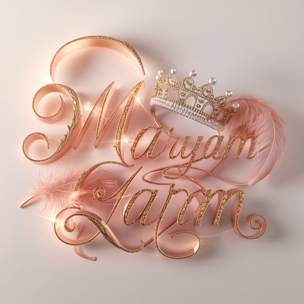 Luxurious 'Maryam' in gold script with royal tiara, feather, and soft lighting for wallpaper."