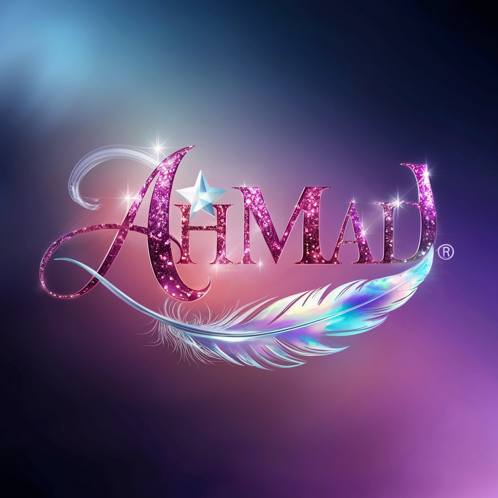 Bewitching 'Ahmad' logo with ruby and amethyst letters, featuring a glowing star and glass feather on a gradient background."