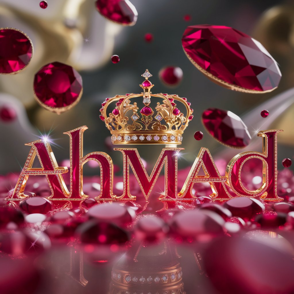 Glamorous 'Ahmad' with ruby and diamond details, topped with a golden crown, creating an opulent 3D effect."