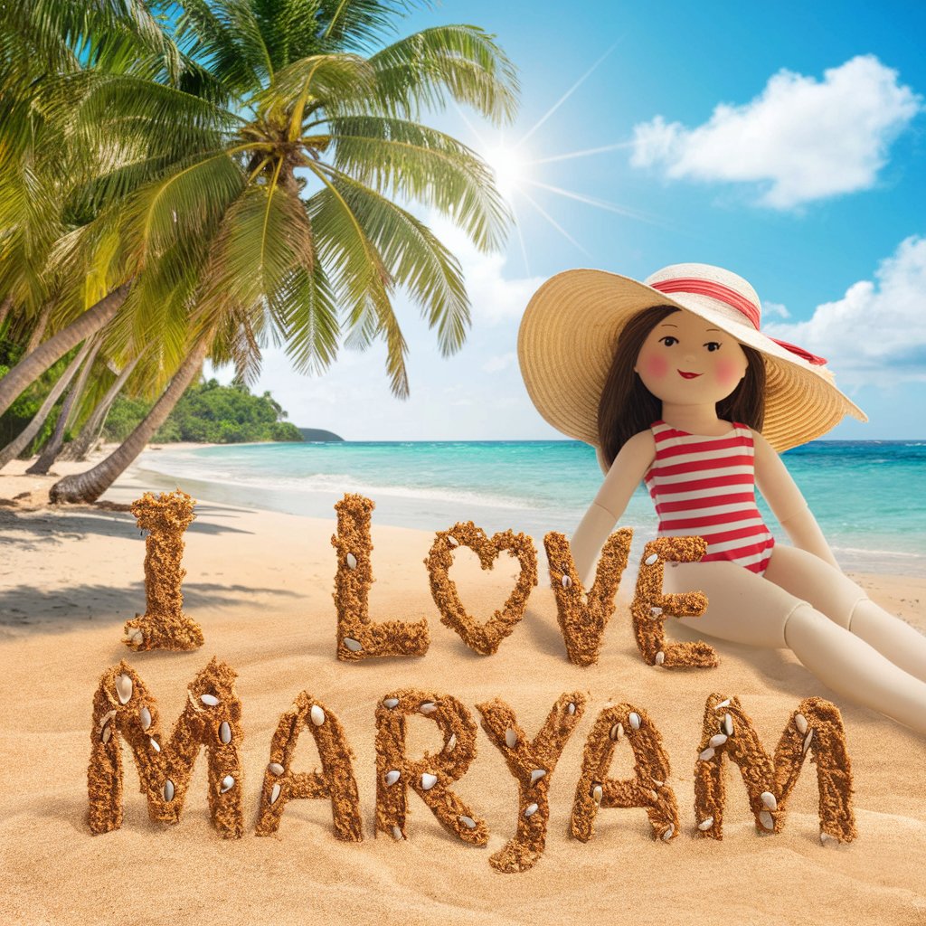 Sunny beach scene with 'I love Maryam' letters in sand and shells, a beach doll in a swimsuit beside them