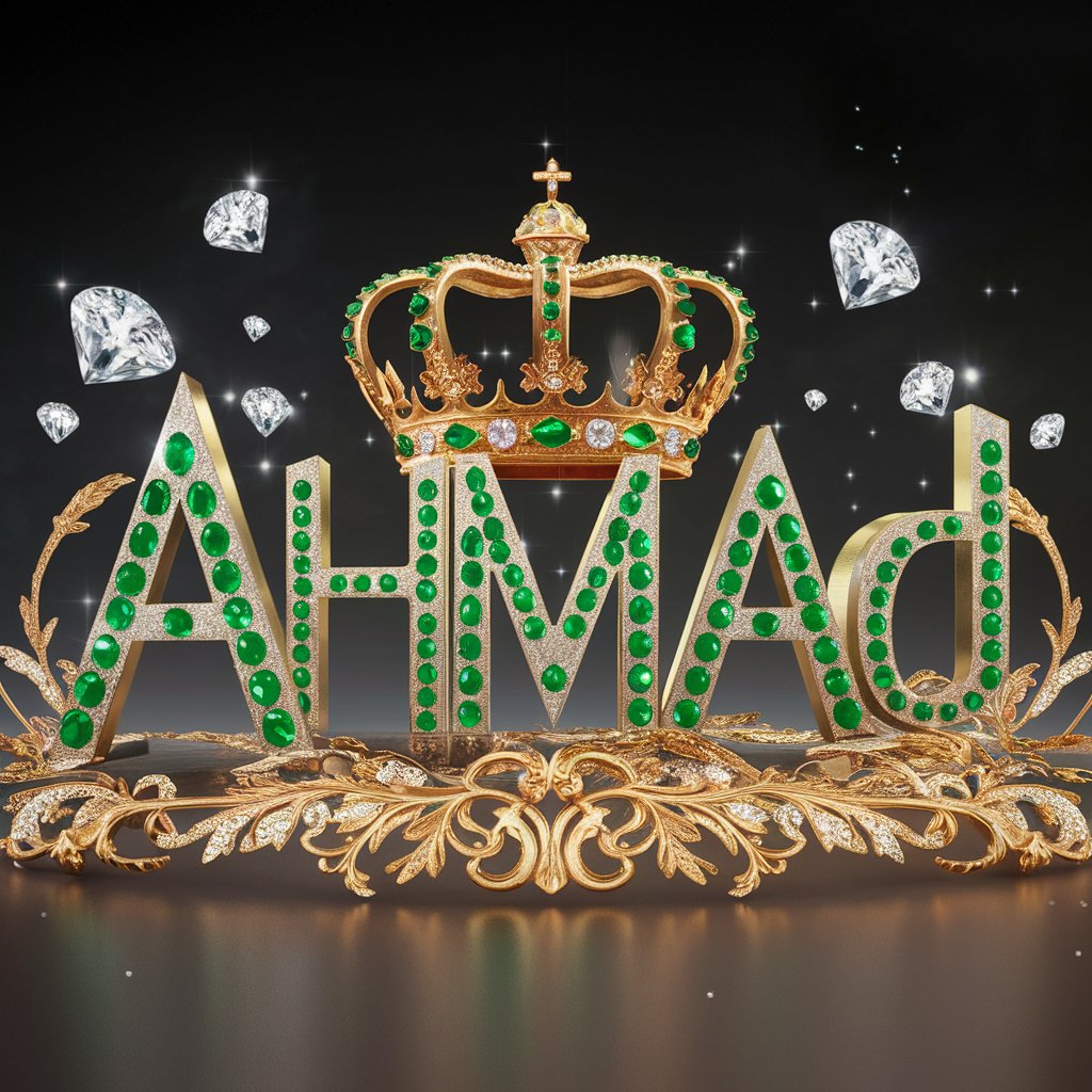 Majestic 'Ahmad' name design featuring gold letters and emerald-encrusted crown in a stunning 3D render."