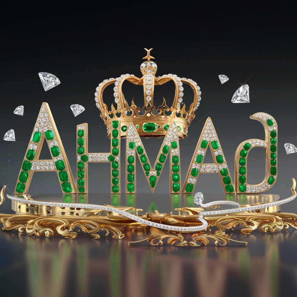 Sophisticated 3D illustration of 'Ahmad' with diamond accents and a golden crown, blending elegance and luxury."