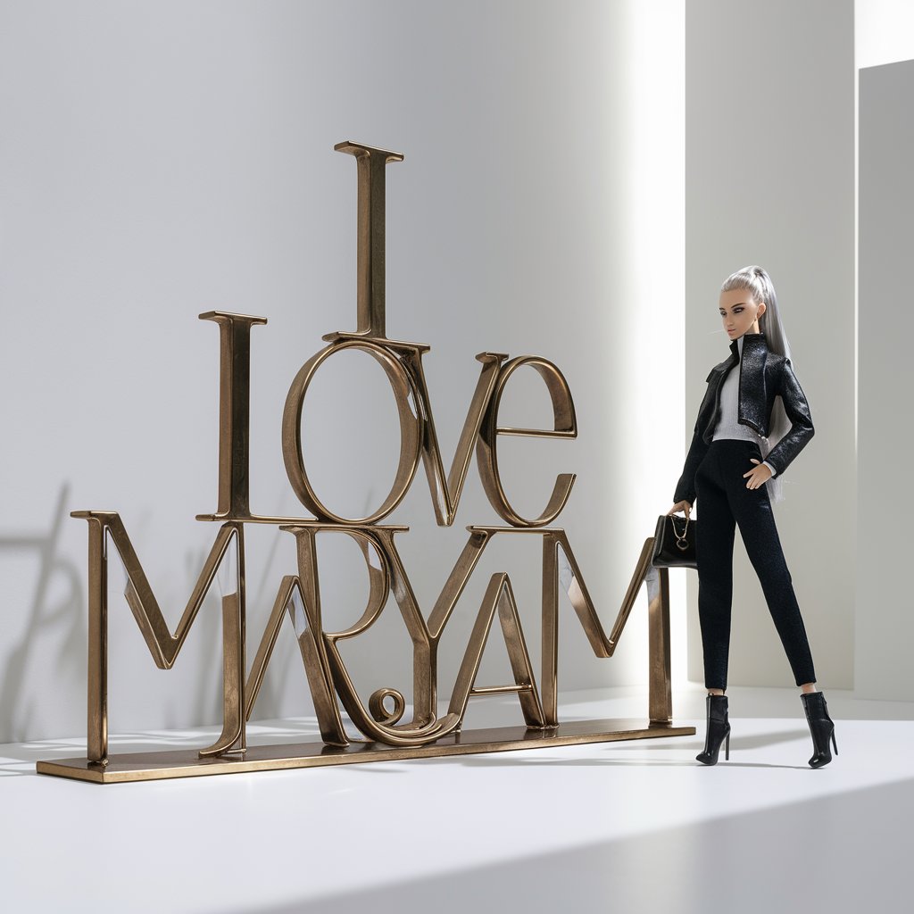 Contemporary 'I love Maryam' letters with a modern doll in a clean, sleek minimalist environment."