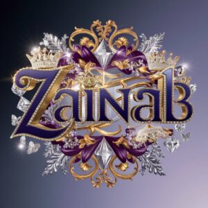 Luxurious 3D royal text of Zainab in a radiant, glossy style with crowns, gold, and silver elements