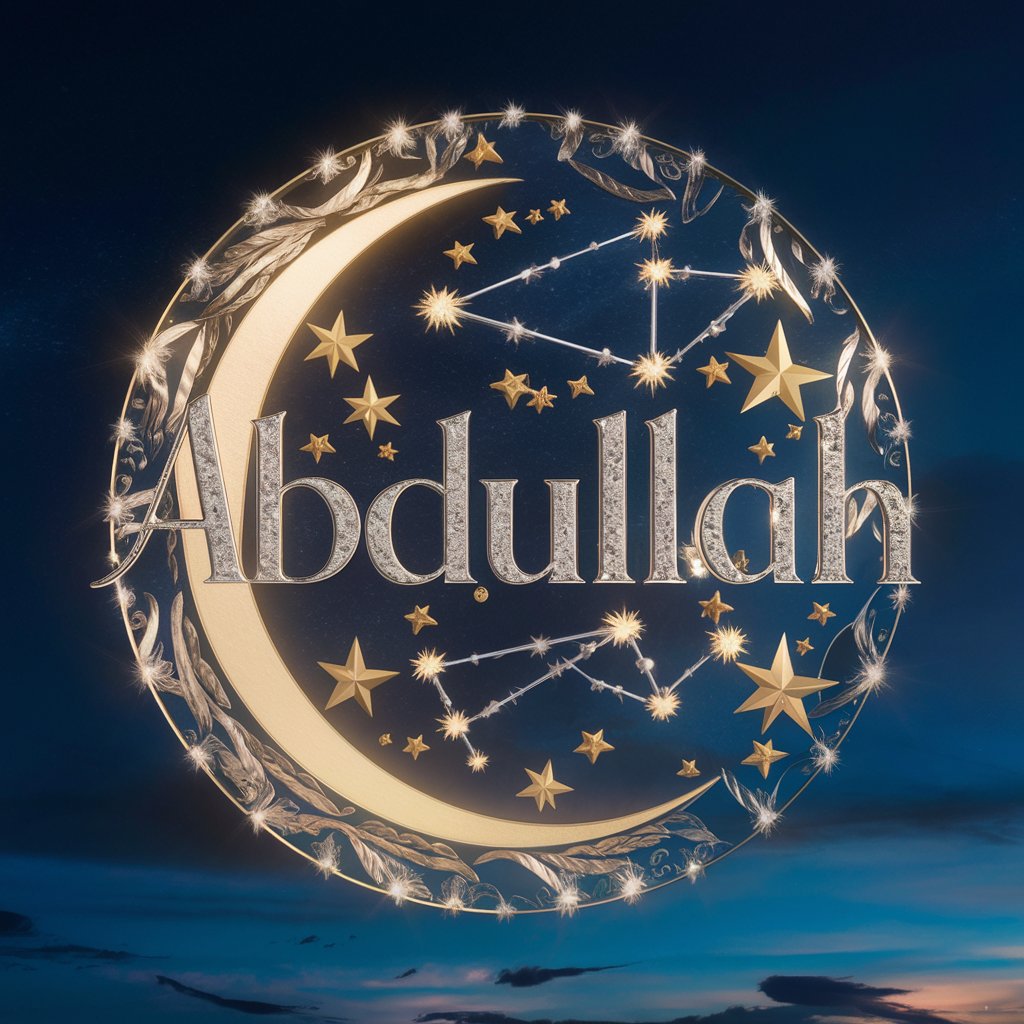 Shimmering silver 'Abdullah' surrounded by glowing stars and a crescent moon against a dark sky."