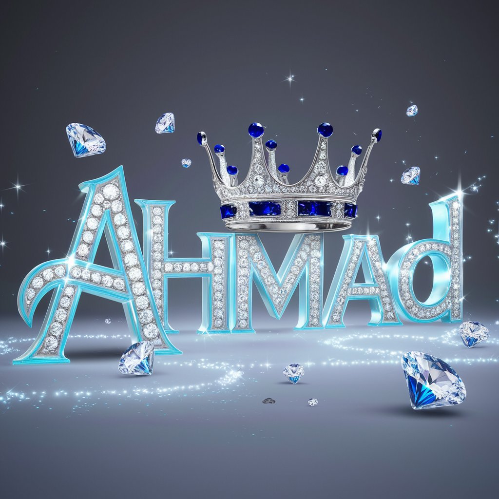 Opulent 'Ahmad' featuring blue letters and a silver crown with diamonds, surrounded by star-like sparkles."