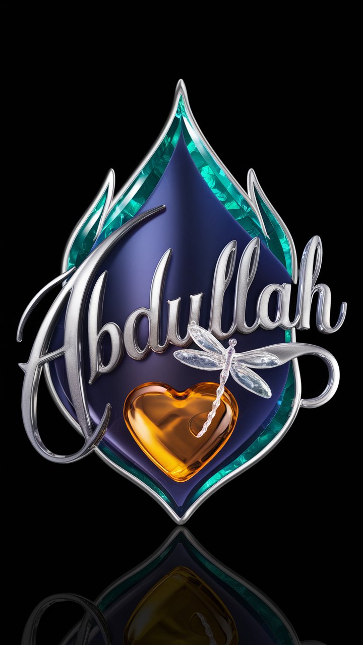 3D Abdullah logo with sapphires and emeralds in a gradient, featuring a glowing amber heart."