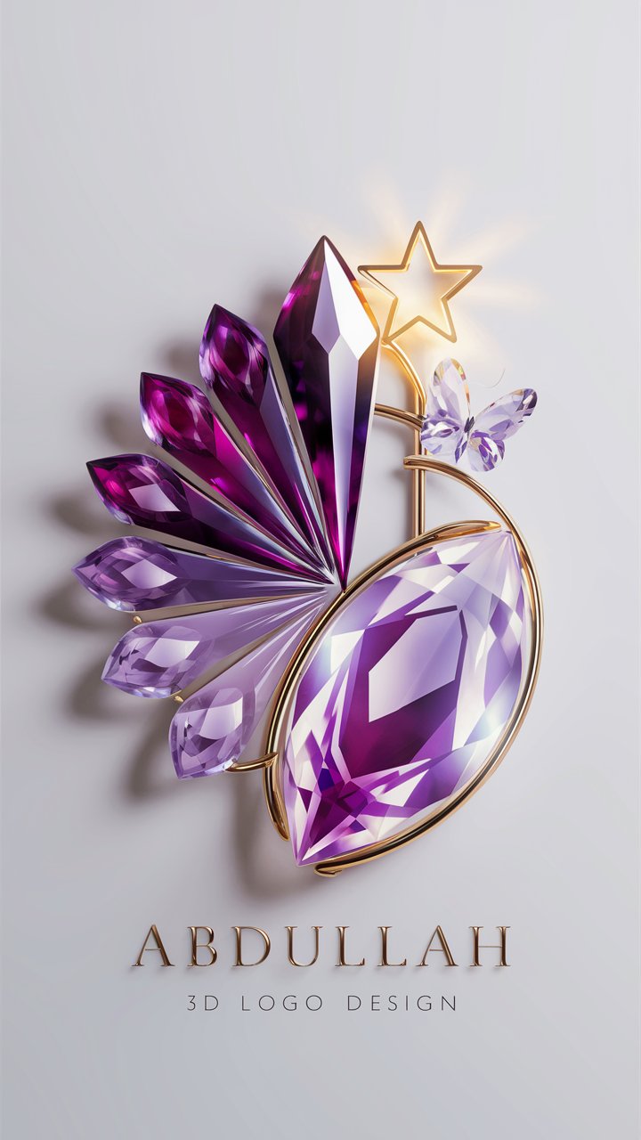 Sophisticated 3D logo for Abdullah featuring sapphire and lavender gems, with a glass butterfly."