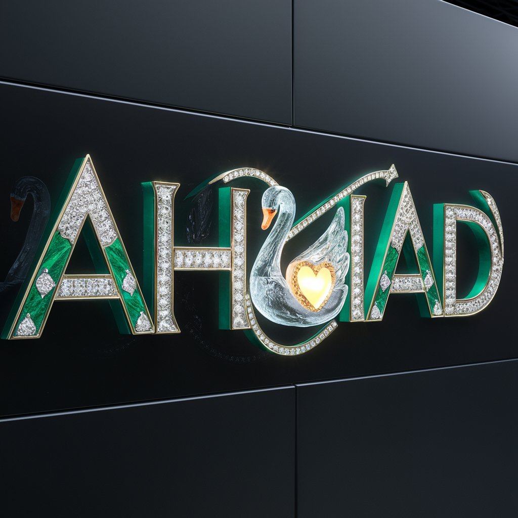 Exquisite 3D logo for 'Ahmad,' featuring green and diamond accents, with a whimsical swan on a dark canvas."