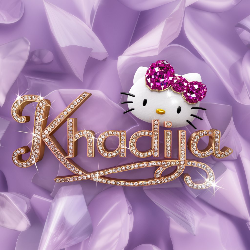 Khadija" shines in pink and gold crystals with Hello Kitty's sparkling bow on a lavender background.