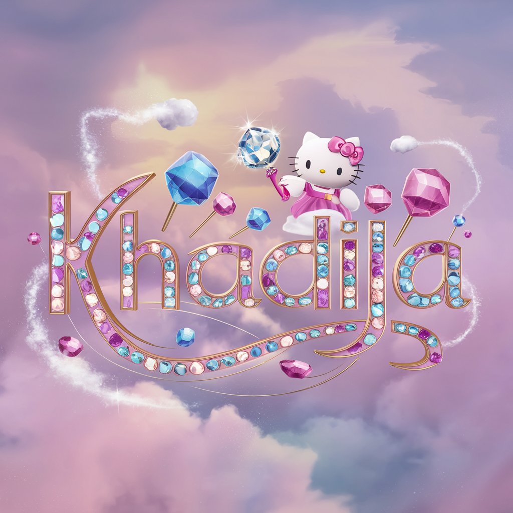 Enchanting 3D logo for "Khadija" features pastel jewels and Hello Kitty with a wand, surrounded by dreamy clouds.