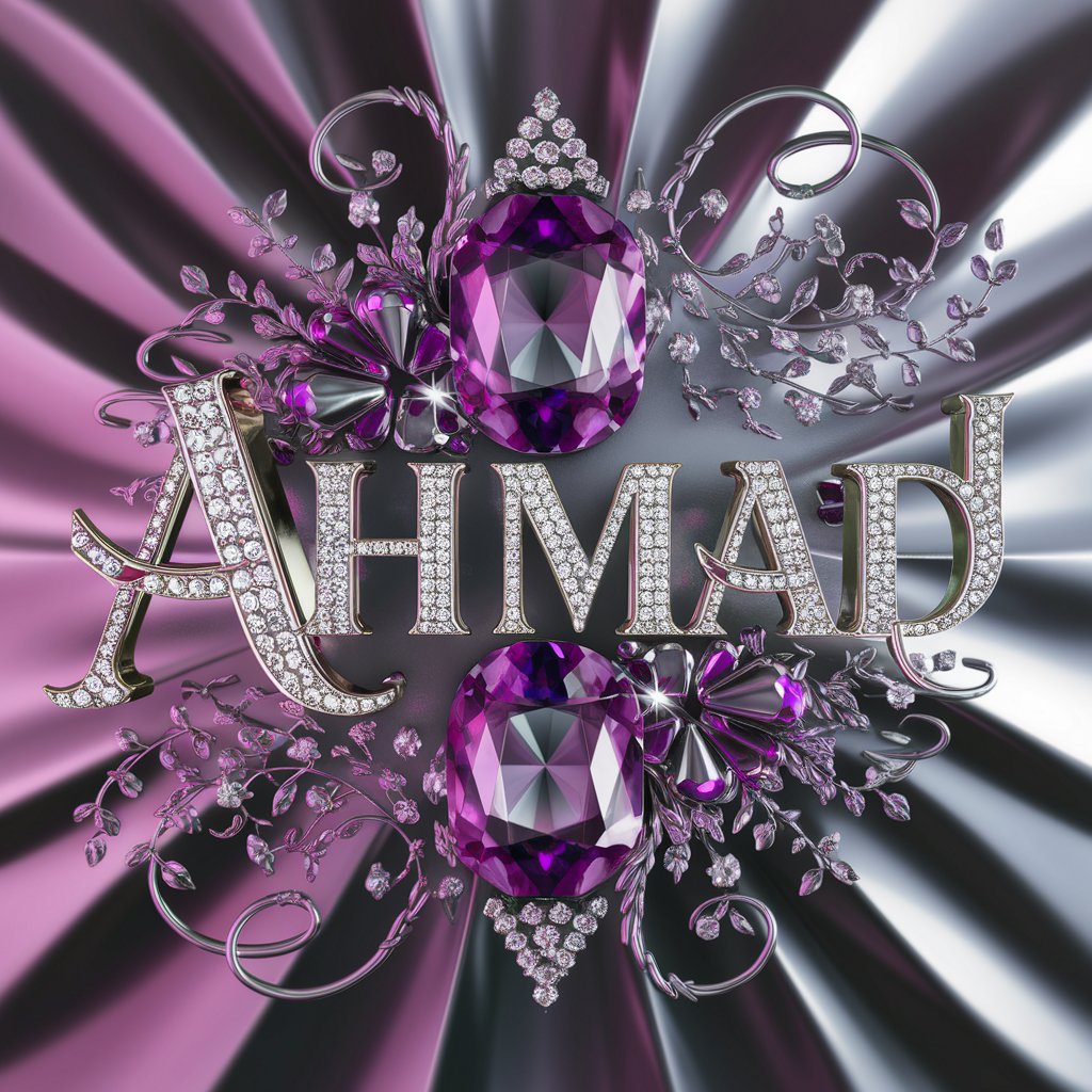 Opulent 'Ahmad' wallpaper with platinum text, amethyst gems, and a sophisticated purple backdrop."