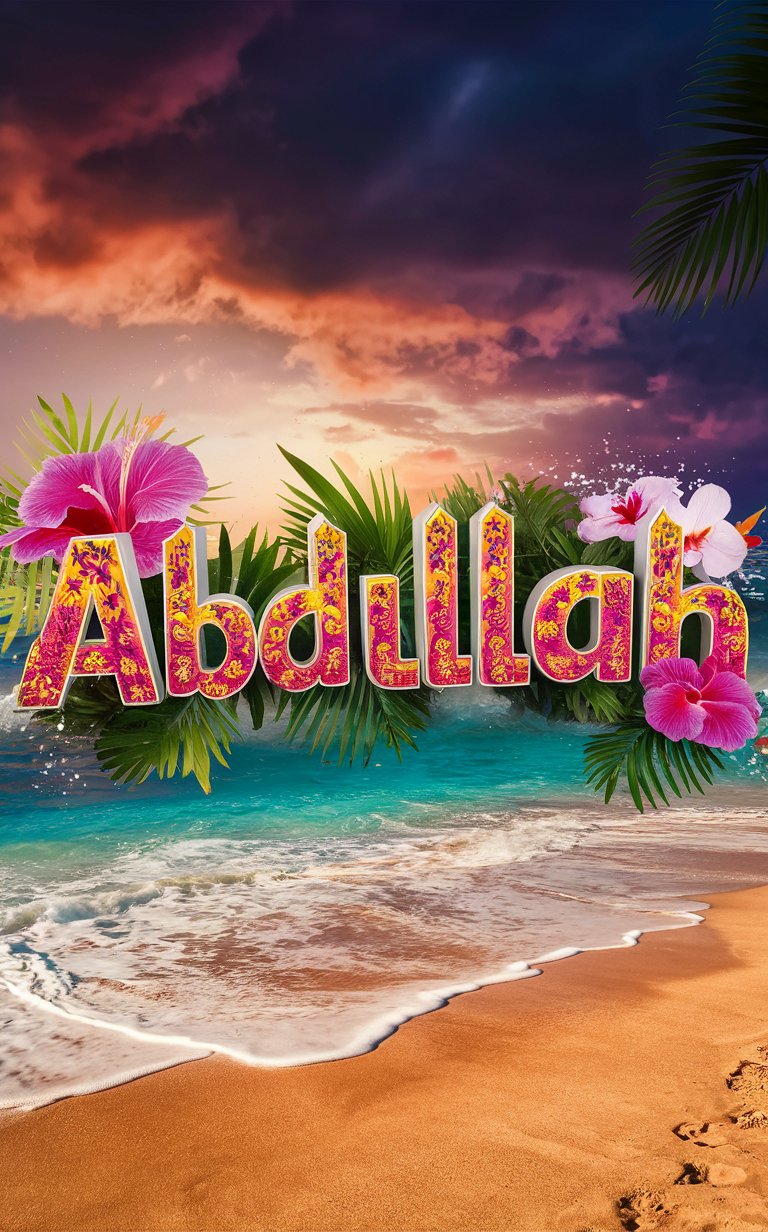 Celebratory 'Abdullah' displayed in 3D amidst a beach scene with golden sand, tropical flowers, and a twilight sky."