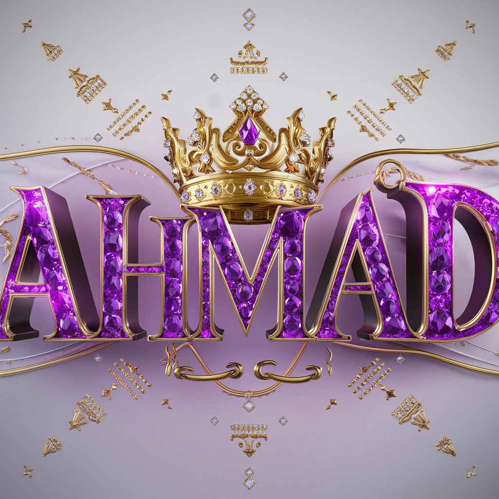 Elegant 3D image of 'Ahmad' with regal purple and golden crown, combining sophistication and luxury."