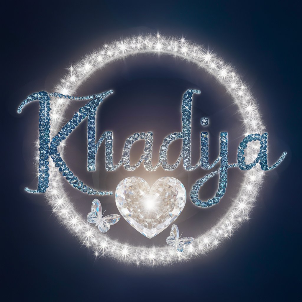 Elegant crystal design of 'Khadija' with a glowing heart, creating a celestial-themed wallpaper."