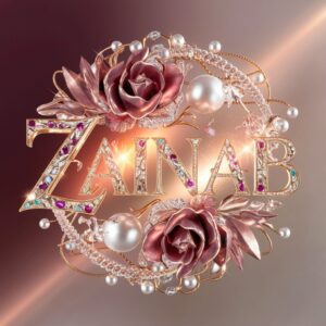 Elegant 3D Zainab name with a translucent effect, illuminated by golden light and adorned with pearls