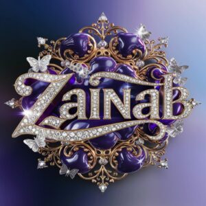 Opulent Zainab text in royal colors with gold filigree and sparkling gems on a blue-to-lavender gradient