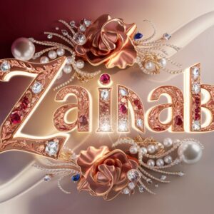 Zainab name crafted in crystal design with gold spheres and diamonds, set against a rich red-to-champagne gradient."