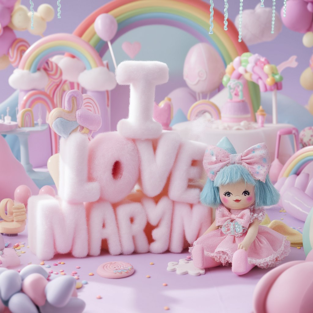 Sweet pastel doll beside fluffy 'I love Maryam' letters, creating a dreamy, colorful scene."