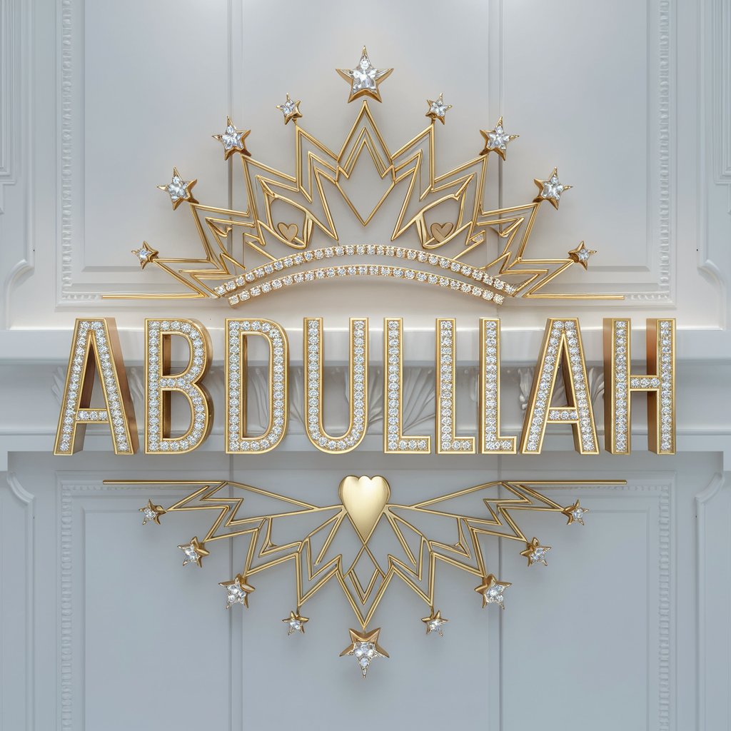 Abdullah in opulent gold font with diamond accents, crowned with stars and hearts. Elegant wallpaper.