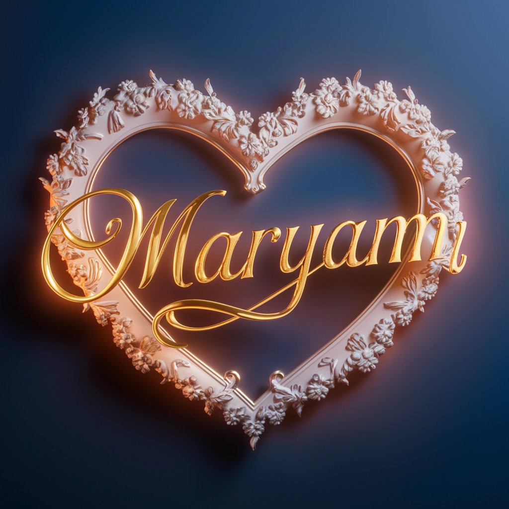 A delicate heart surrounds Maryam’s name in gold cursive, creating an opulent and refined visual."