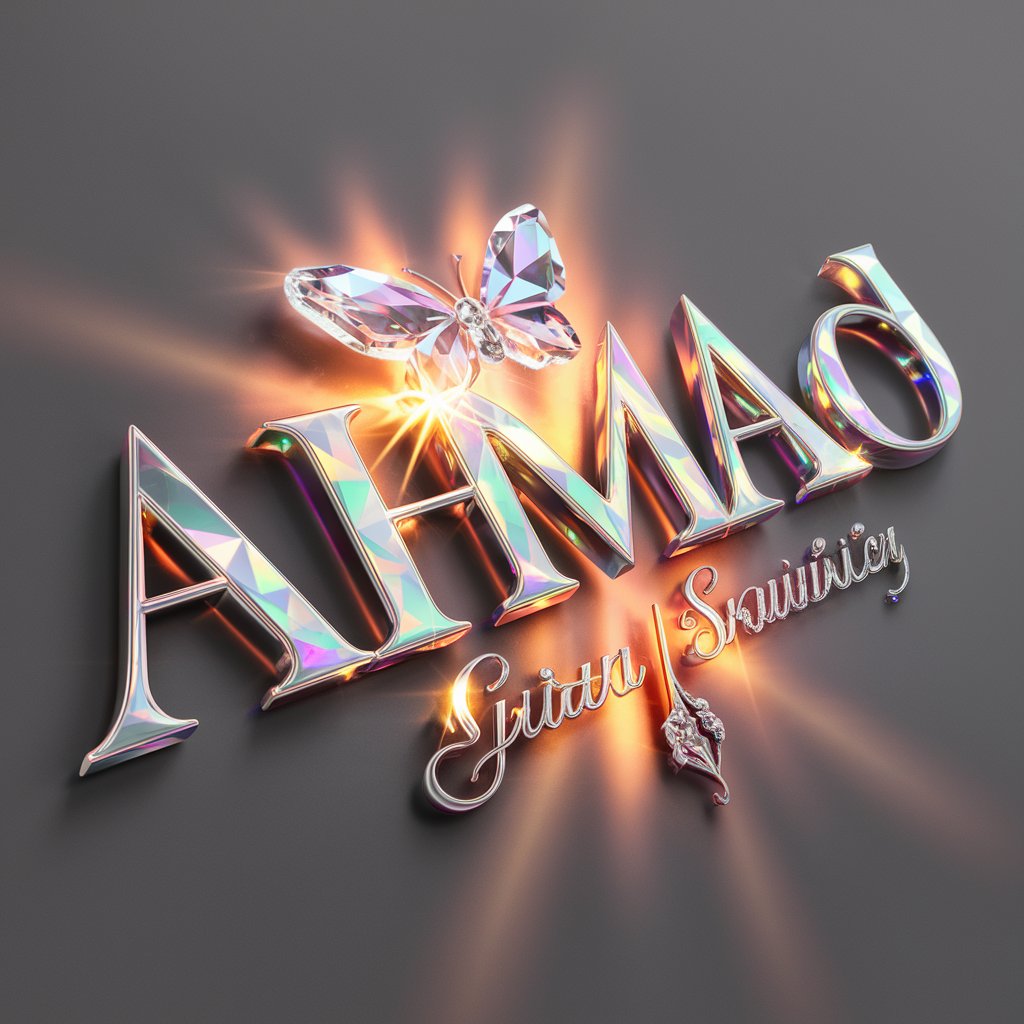 Glamorous 'Ahmad' logo with iridescent platinum and ruby-red letters, adorned with sparkling gems on a dark gray background."